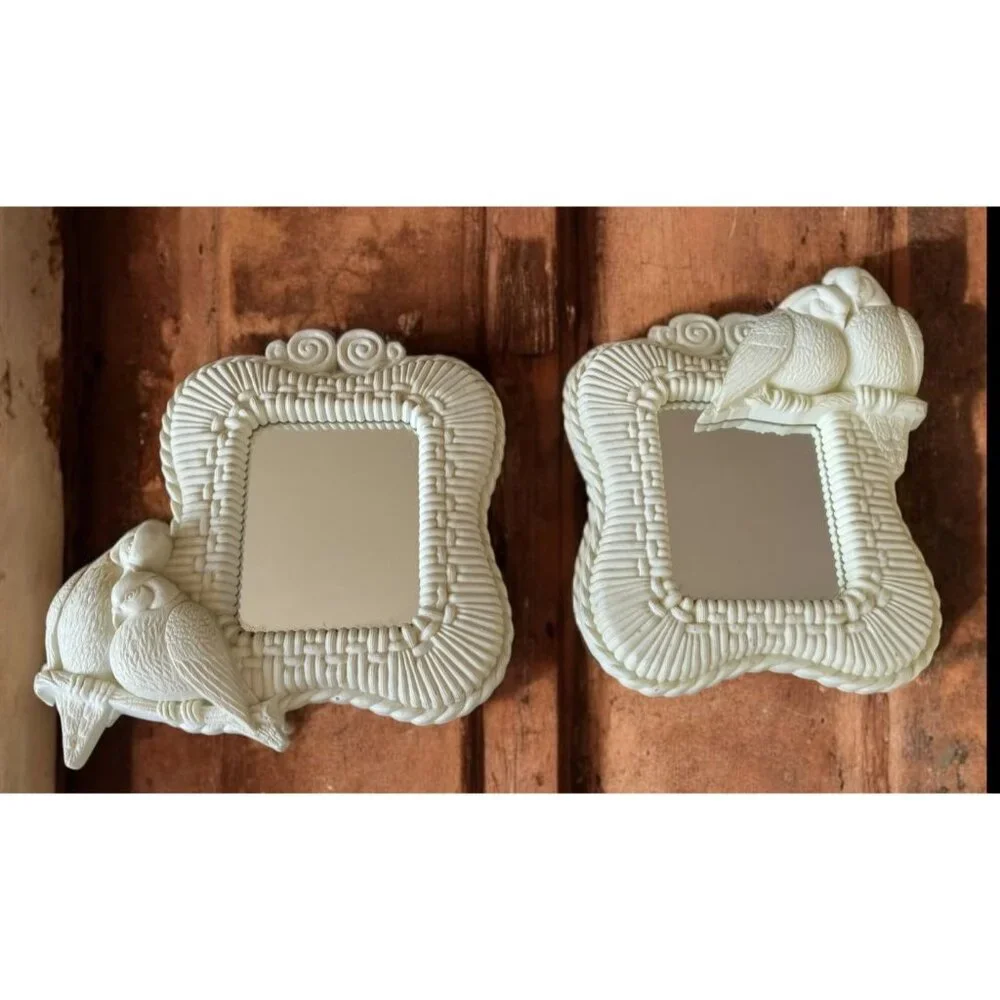 Vintage Homco Bird Wall Mirrors Set Of 2 White Framed